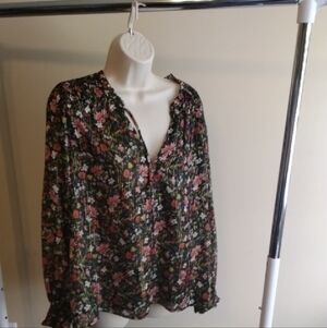 Old Navy Black Floral V-Neck Peasant Blouse with Pink Flowers